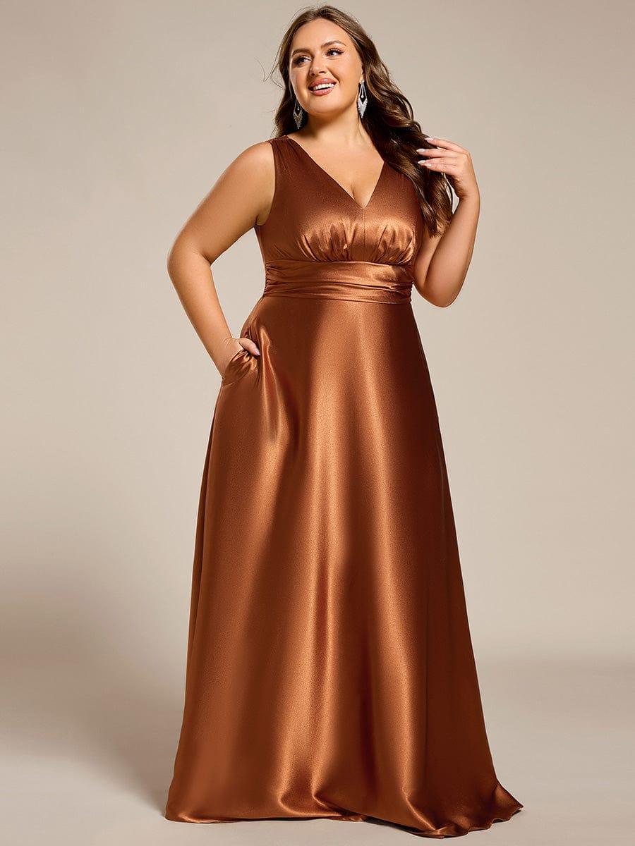 pretty INDY|Plus Size Sleeveless Empire Waist Satin Maxi Bridesmaid Dress With Pockets - Image 12