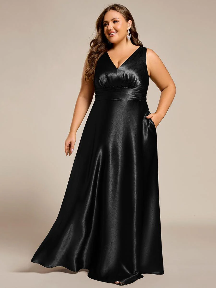 pretty INDY|Plus Size Sleeveless Empire Waist Satin Maxi Bridesmaid Dress With Pockets - Image 16