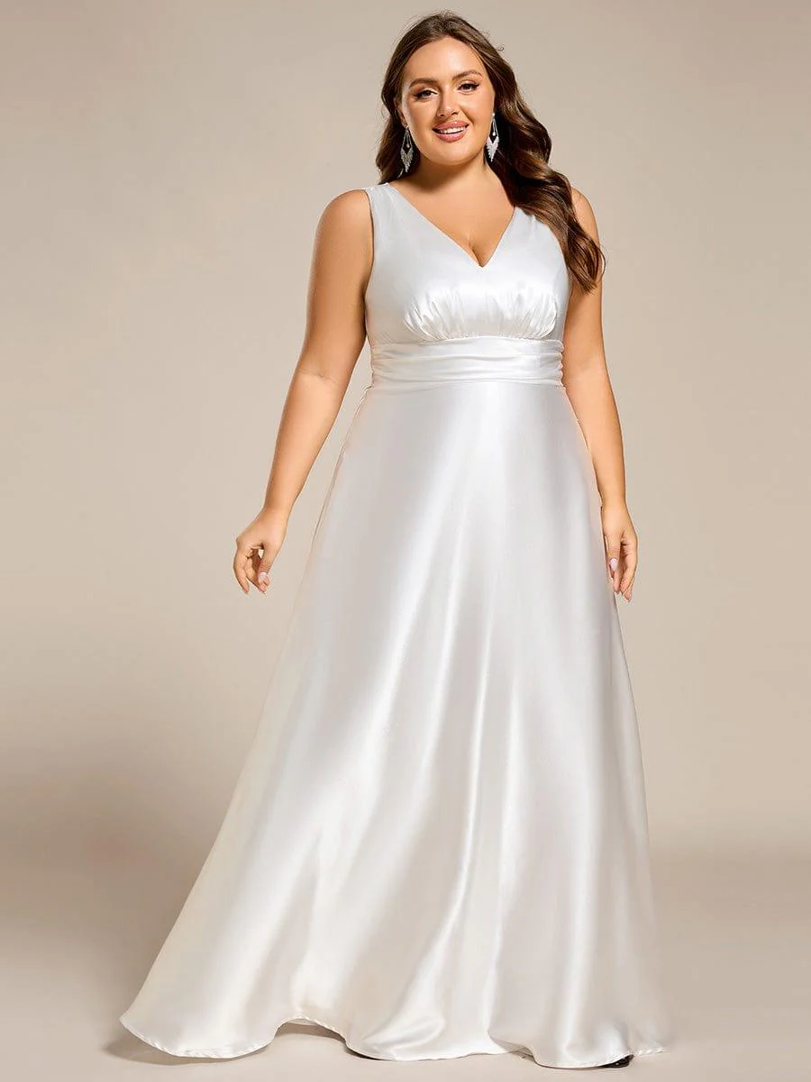 pretty INDY|Plus Size Sleeveless Empire Waist Satin Maxi Bridesmaid Dress With Pockets - Image 26