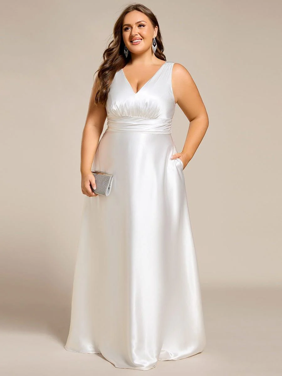 pretty INDY|Plus Size Sleeveless Empire Waist Satin Maxi Bridesmaid Dress With Pockets - Image 29