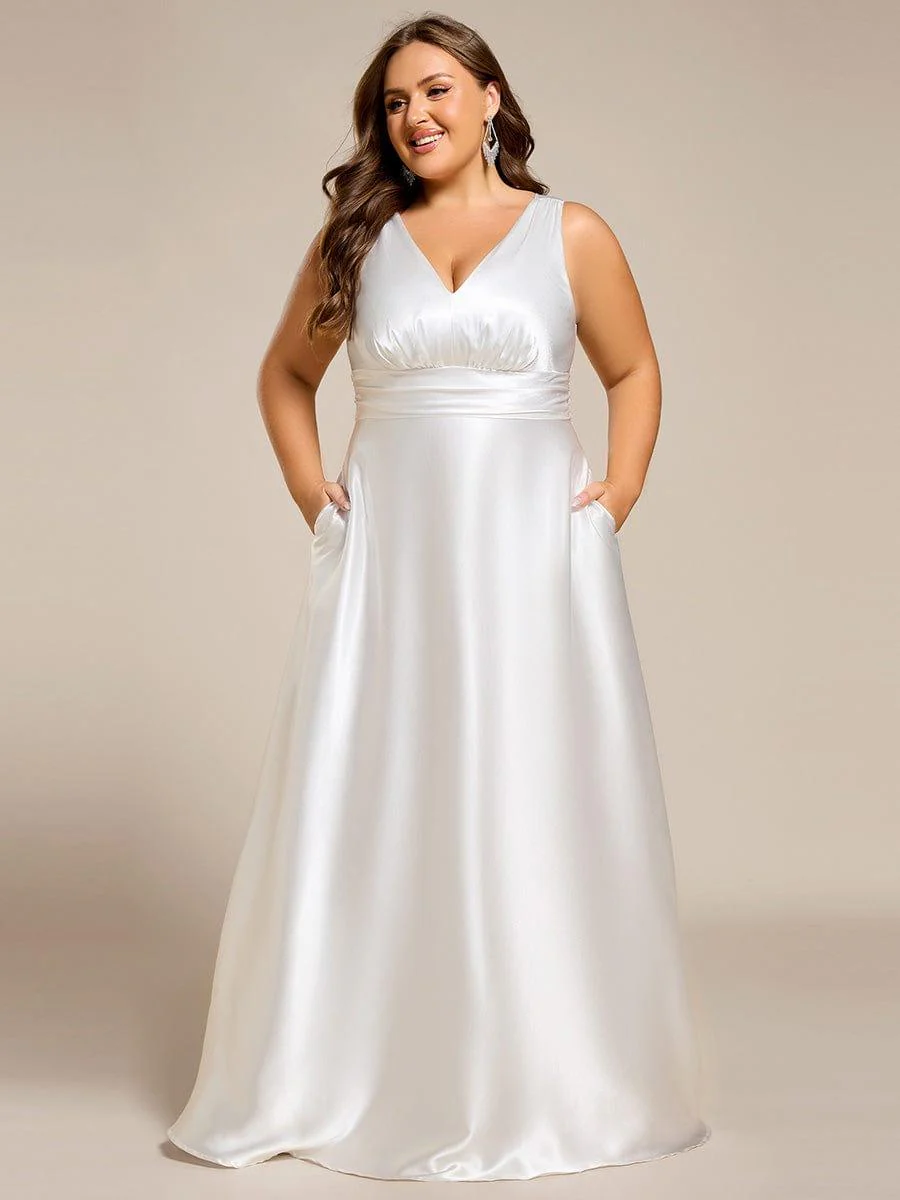 pretty INDY|Plus Size Sleeveless Empire Waist Satin Maxi Bridesmaid Dress With Pockets - Image 30