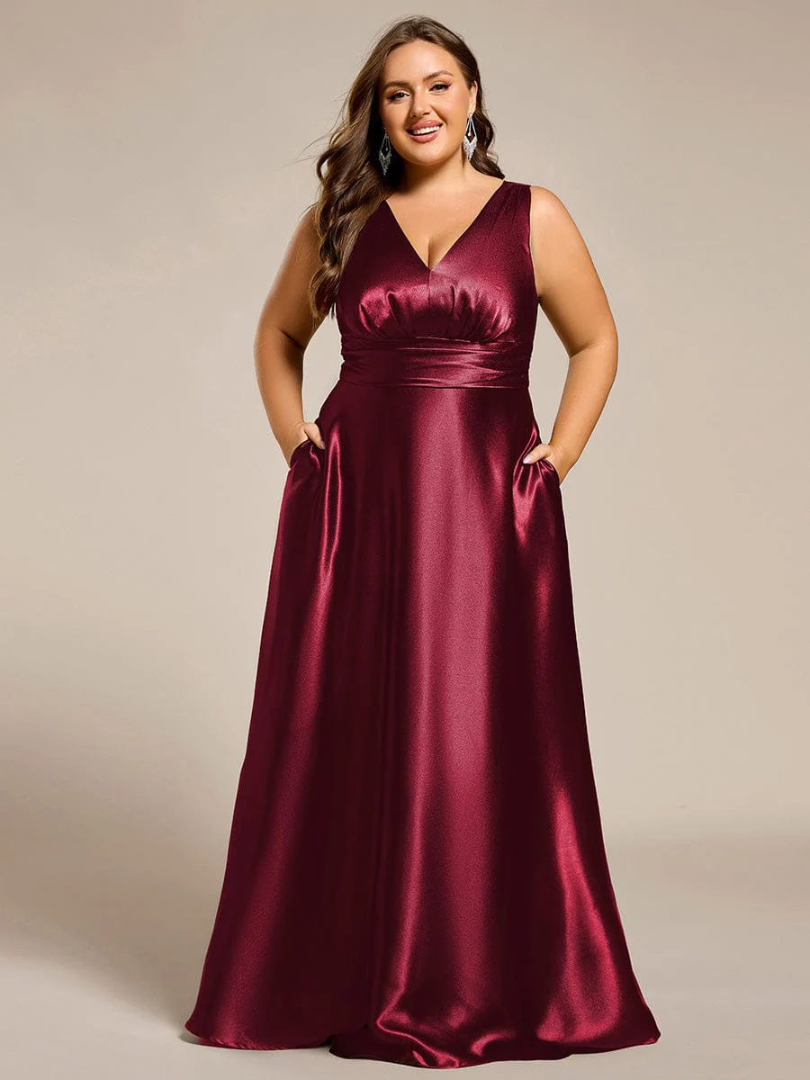 pretty INDY|Plus Size Sleeveless Empire Waist Satin Maxi Bridesmaid Dress With Pockets - Image 31