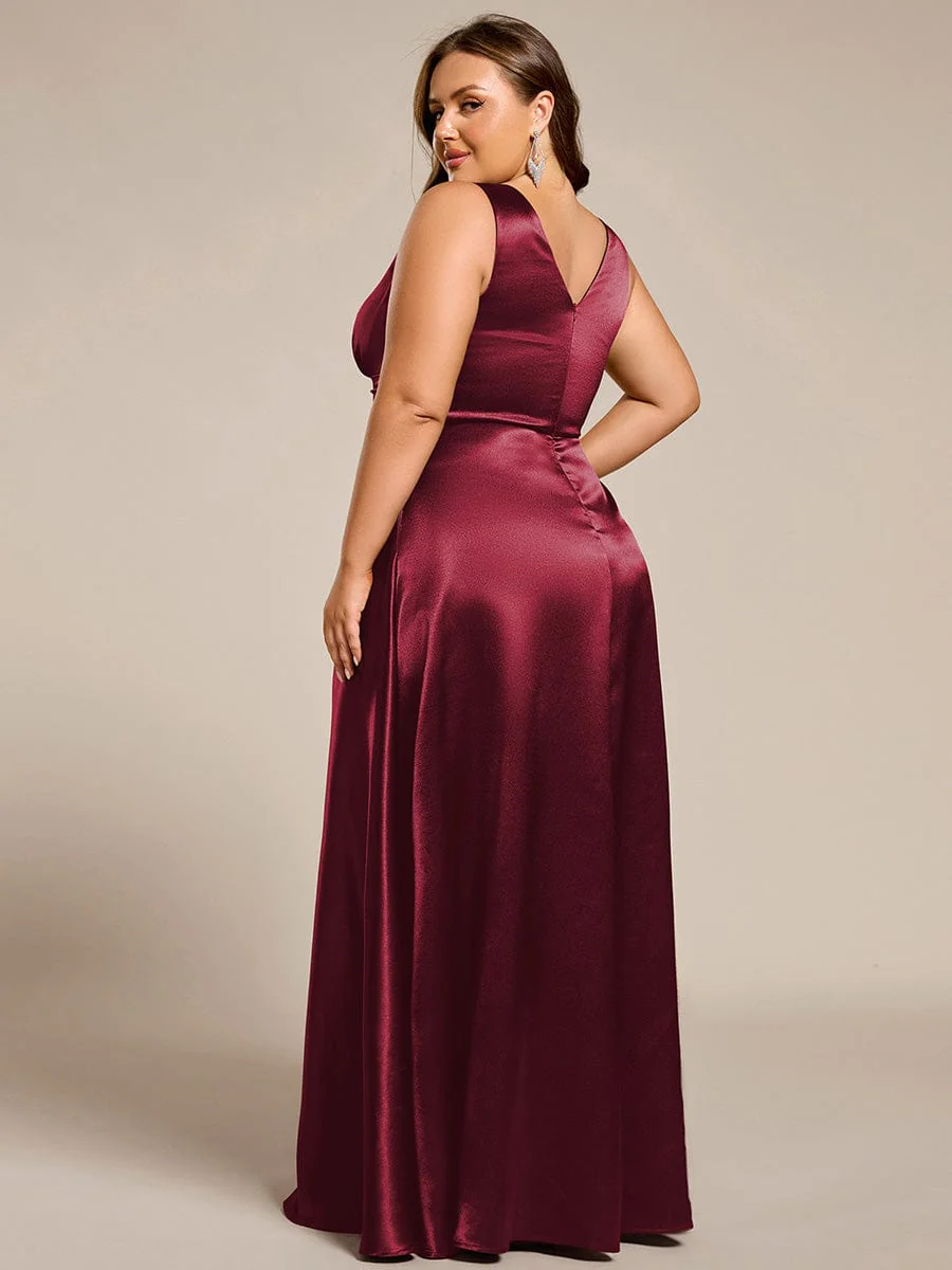 pretty INDY|Plus Size Sleeveless Empire Waist Satin Maxi Bridesmaid Dress With Pockets - Image 32