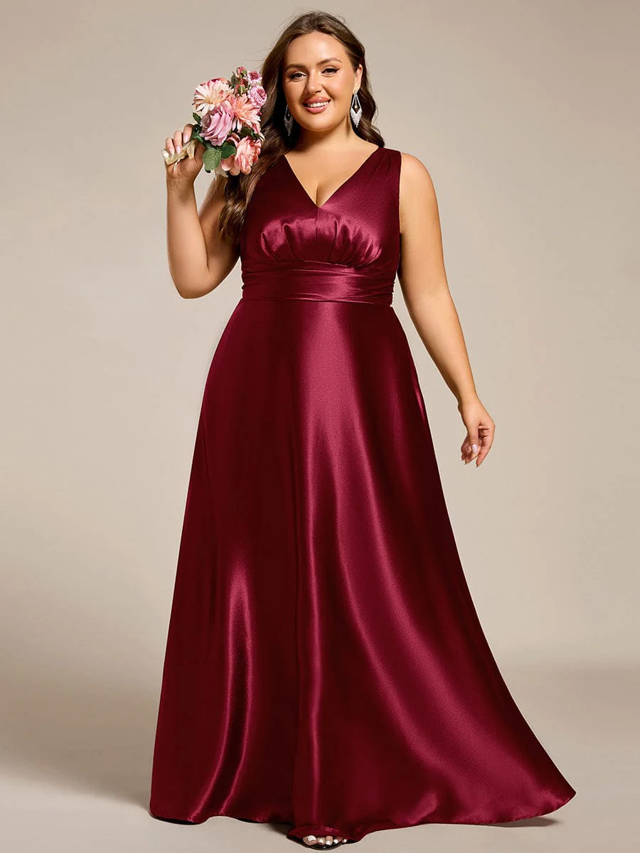 pretty INDY|Plus Size Sleeveless Empire Waist Satin Maxi Bridesmaid Dress With Pockets - Image 33
