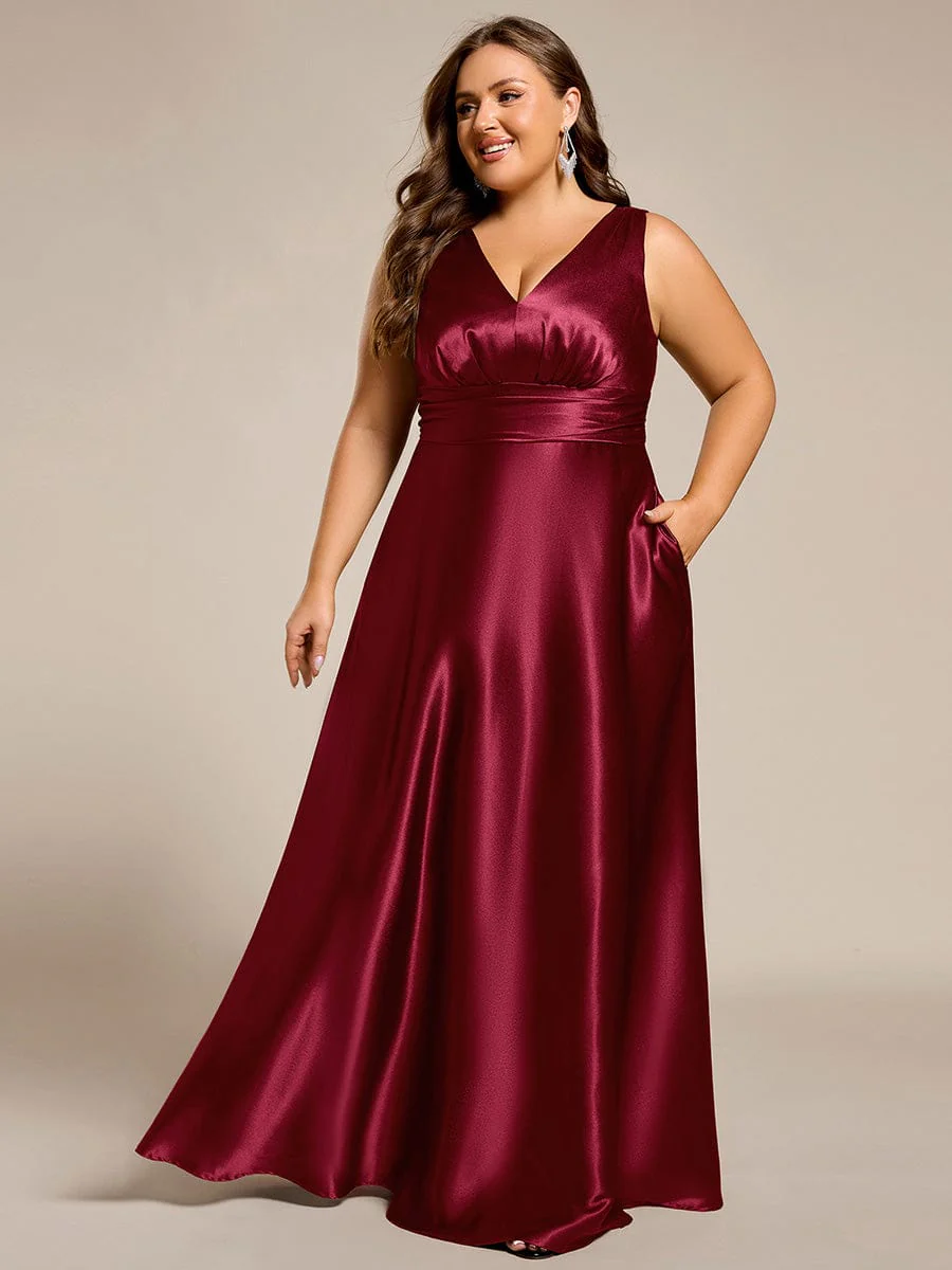 pretty INDY|Plus Size Sleeveless Empire Waist Satin Maxi Bridesmaid Dress With Pockets - Image 34