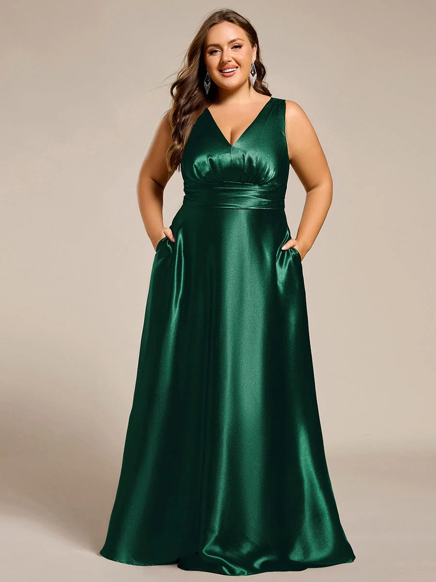 pretty INDY|Plus Size Sleeveless Empire Waist Satin Maxi Bridesmaid Dress With Pockets - Image 36