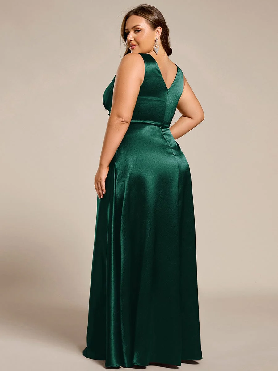 pretty INDY|Plus Size Sleeveless Empire Waist Satin Maxi Bridesmaid Dress With Pockets - Image 37