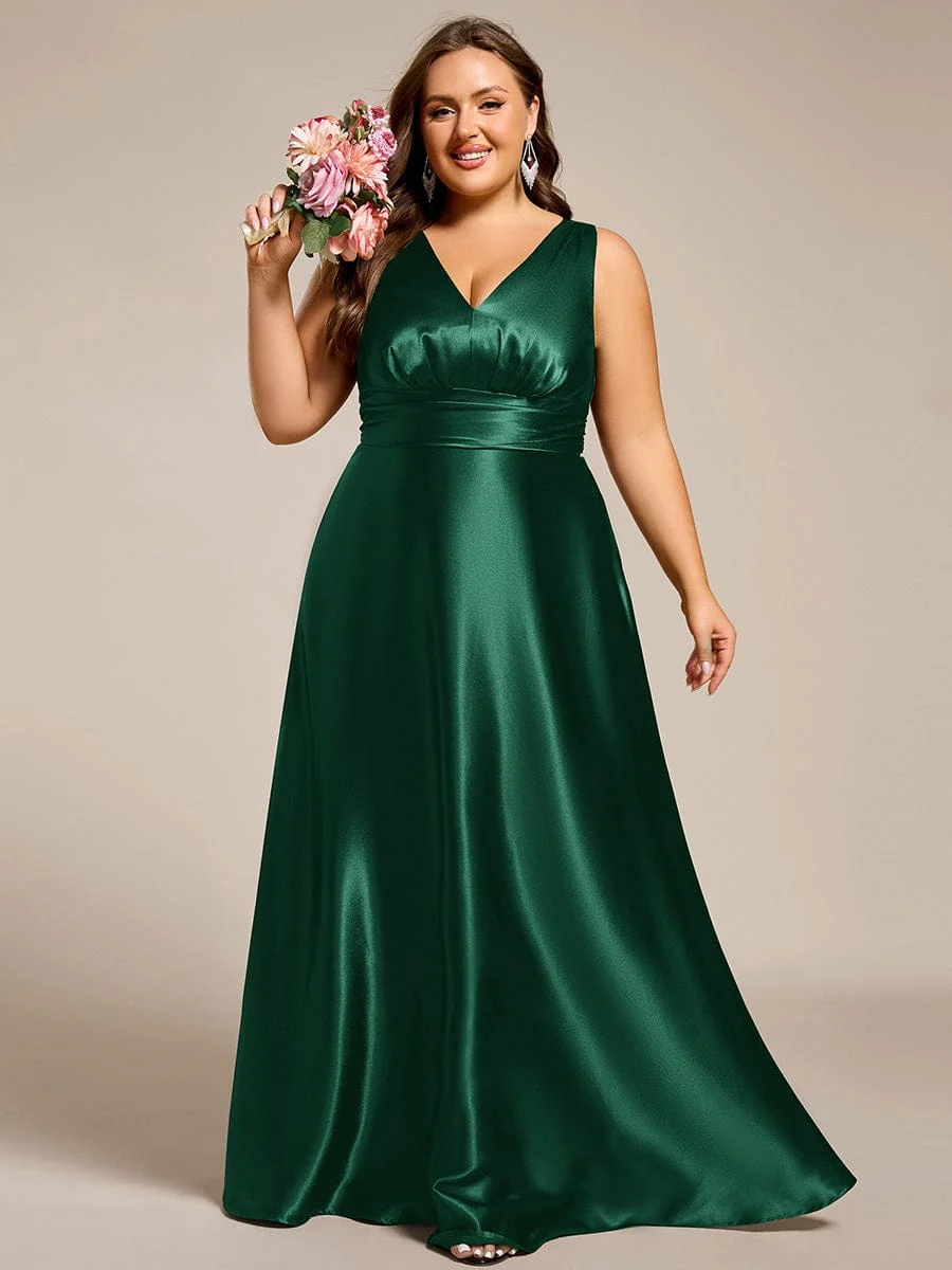pretty INDY|Plus Size Sleeveless Empire Waist Satin Maxi Bridesmaid Dress With Pockets - Image 38