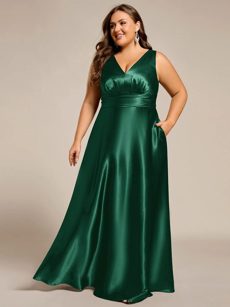 pretty INDY|Plus Size Sleeveless Empire Waist Satin Maxi Bridesmaid Dress With Pockets - Image 39