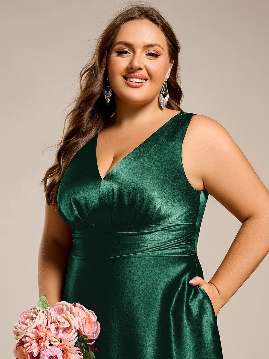 pretty INDY|Plus Size Sleeveless Empire Waist Satin Maxi Bridesmaid Dress With Pockets - Image 40