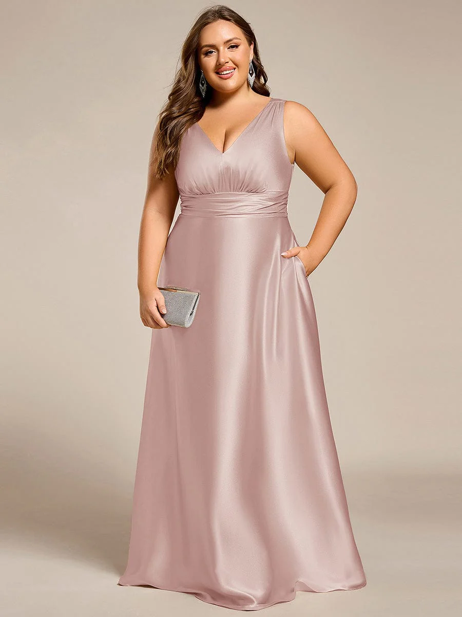 pretty INDY|Plus Size Sleeveless Empire Waist Satin Maxi Bridesmaid Dress With Pockets - Image 41