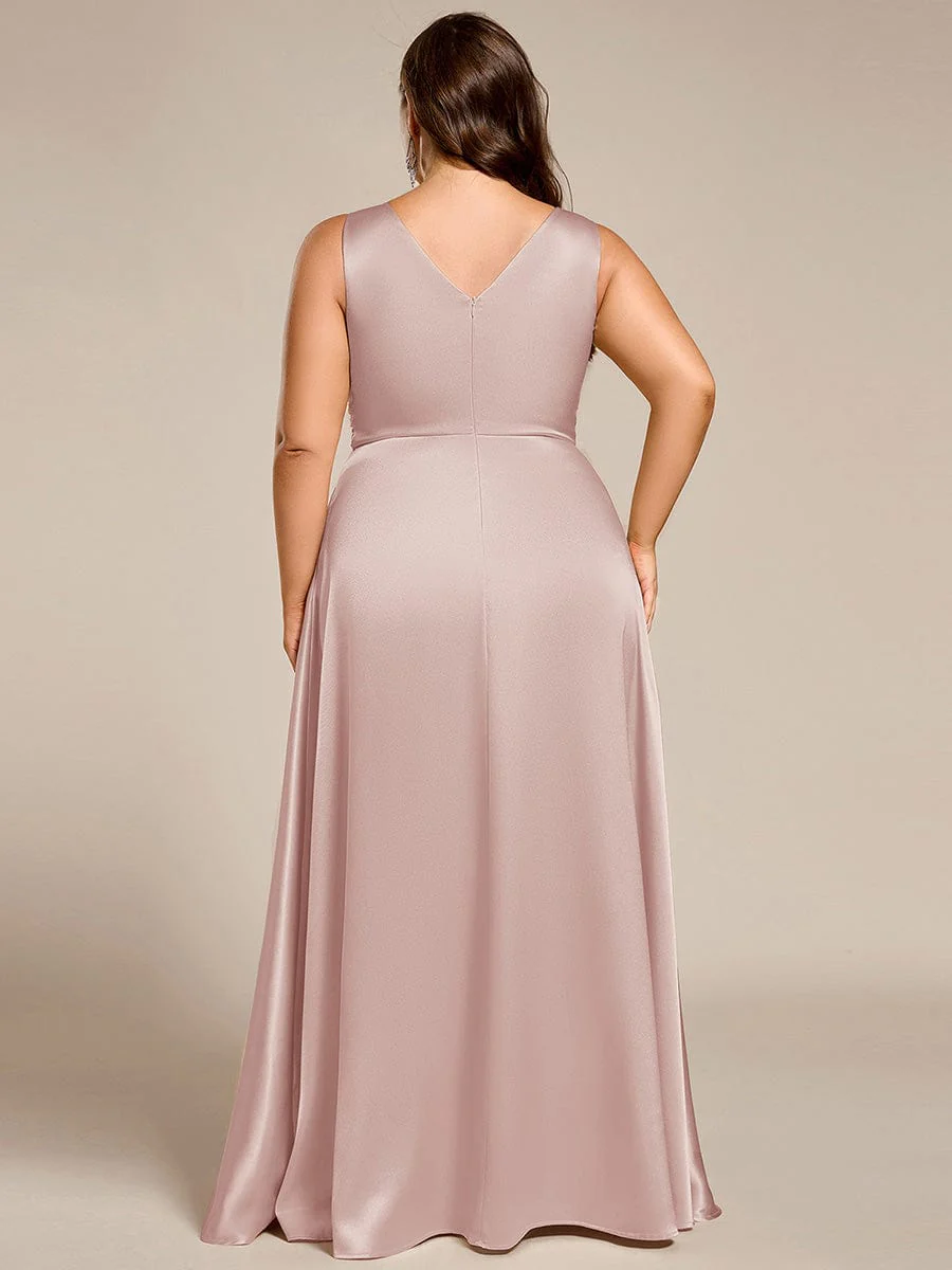 pretty INDY|Plus Size Sleeveless Empire Waist Satin Maxi Bridesmaid Dress With Pockets - Image 42