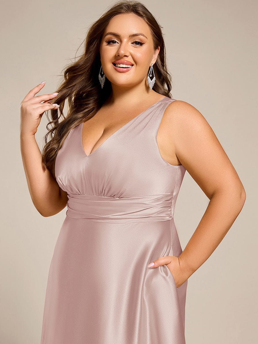 pretty INDY|Plus Size Sleeveless Empire Waist Satin Maxi Bridesmaid Dress With Pockets - Image 43