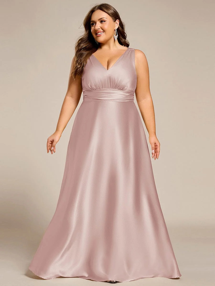 pretty INDY|Plus Size Sleeveless Empire Waist Satin Maxi Bridesmaid Dress With Pockets - Image 44