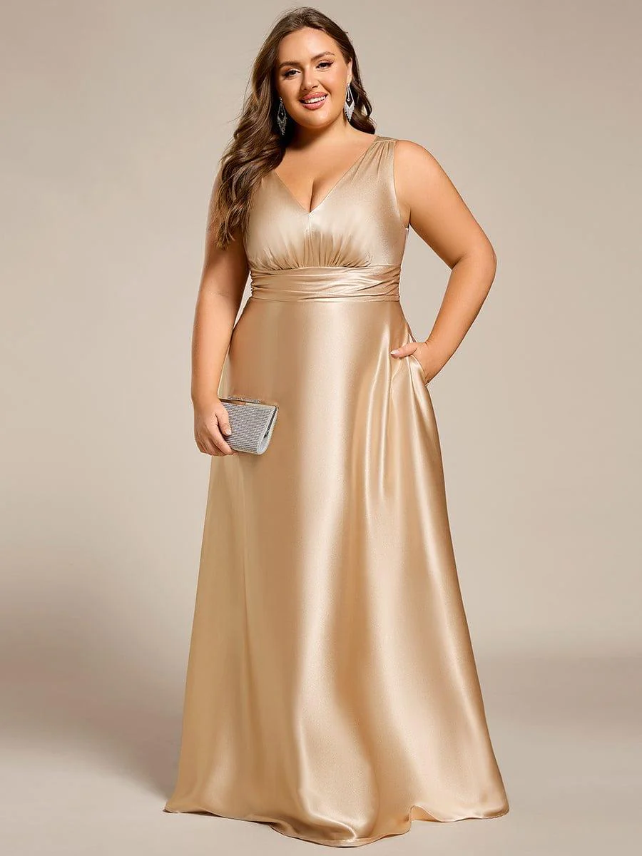 pretty INDY|Plus Size Sleeveless Empire Waist Satin Maxi Bridesmaid Dress With Pockets - Image 8