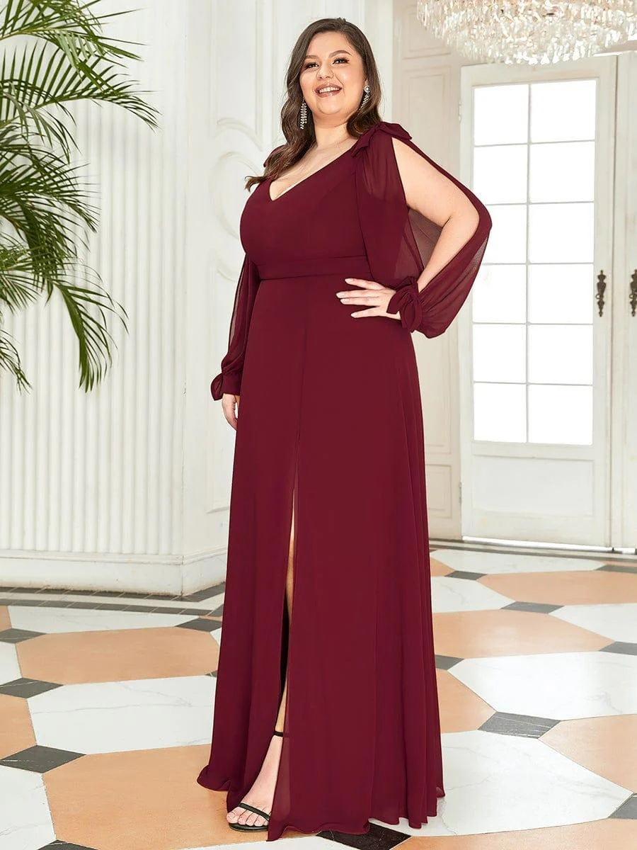 pretty IVORY|Plus Size Split Long Sleeve V-Neck Bridesmaid Dress - Image 10