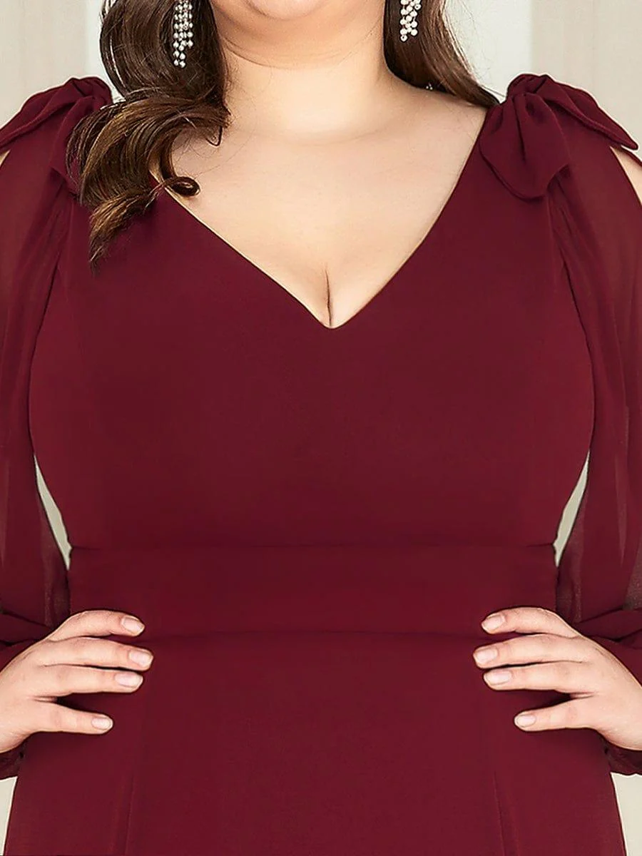 pretty IVORY|Plus Size Split Long Sleeve V-Neck Bridesmaid Dress - Image 11