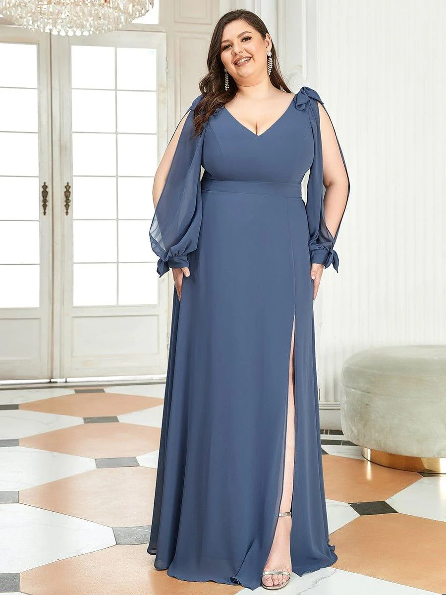 pretty IVORY|Plus Size Split Long Sleeve V-Neck Bridesmaid Dress - Image 14