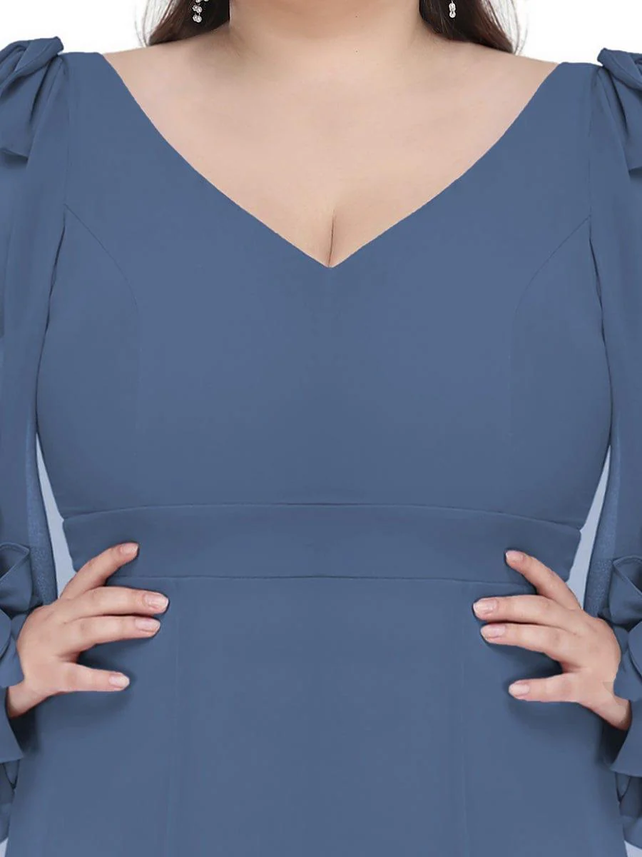 pretty IVORY|Plus Size Split Long Sleeve V-Neck Bridesmaid Dress - Image 16