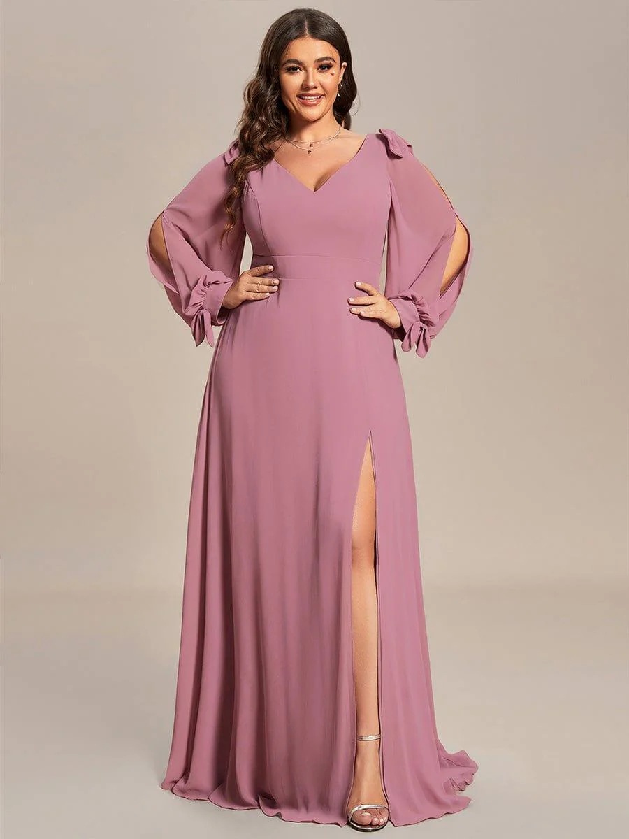 pretty IVORY|Plus Size Split Long Sleeve V-Neck Bridesmaid Dress - Image 17