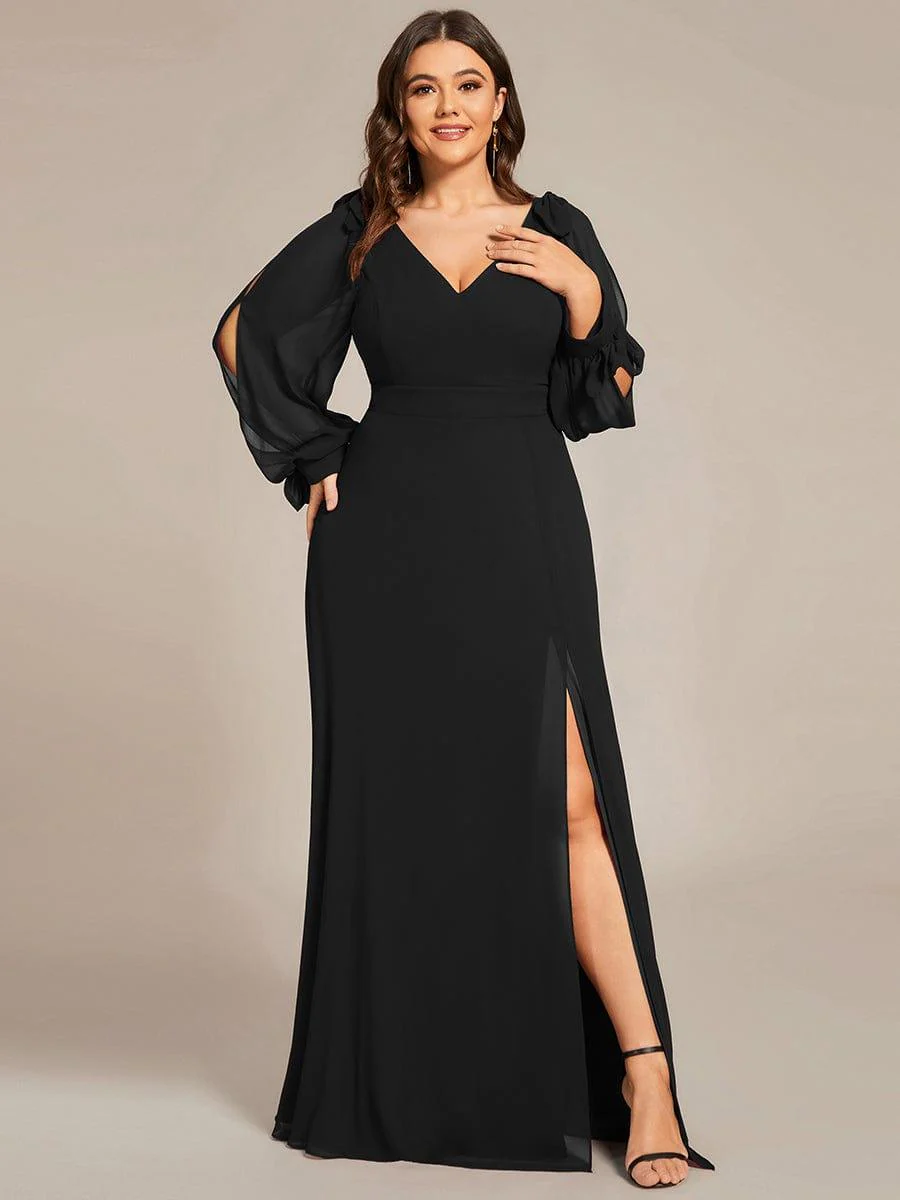 pretty IVORY|Plus Size Split Long Sleeve V-Neck Bridesmaid Dress - Image 22