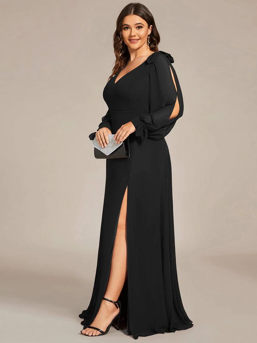 pretty IVORY|Plus Size Split Long Sleeve V-Neck Bridesmaid Dress - Image 25