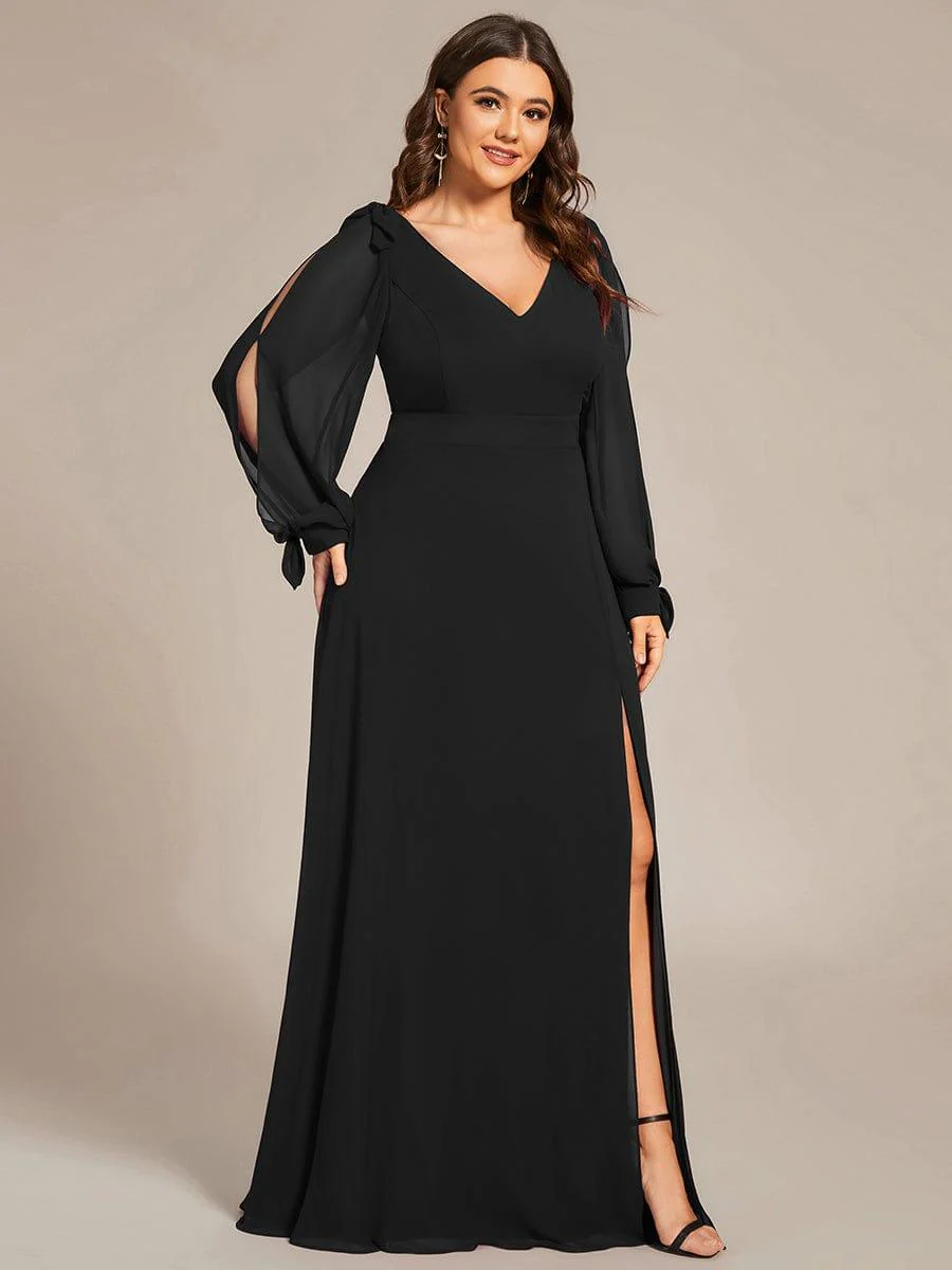 pretty IVORY|Plus Size Split Long Sleeve V-Neck Bridesmaid Dress - Image 26