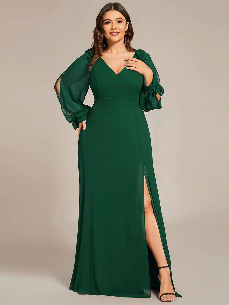 pretty IVORY|Plus Size Split Long Sleeve V-Neck Bridesmaid Dress - Image 31