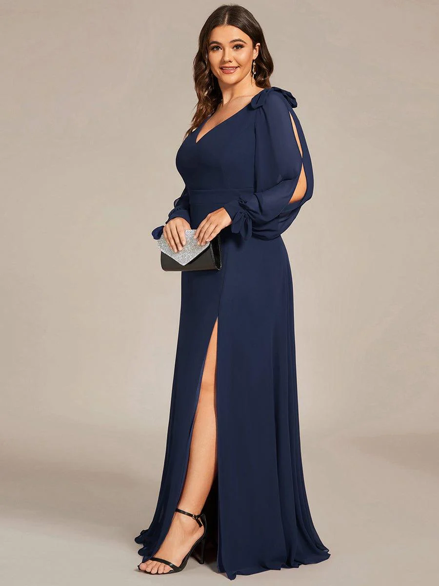 pretty IVORY|Plus Size Split Long Sleeve V-Neck Bridesmaid Dress - Image 34