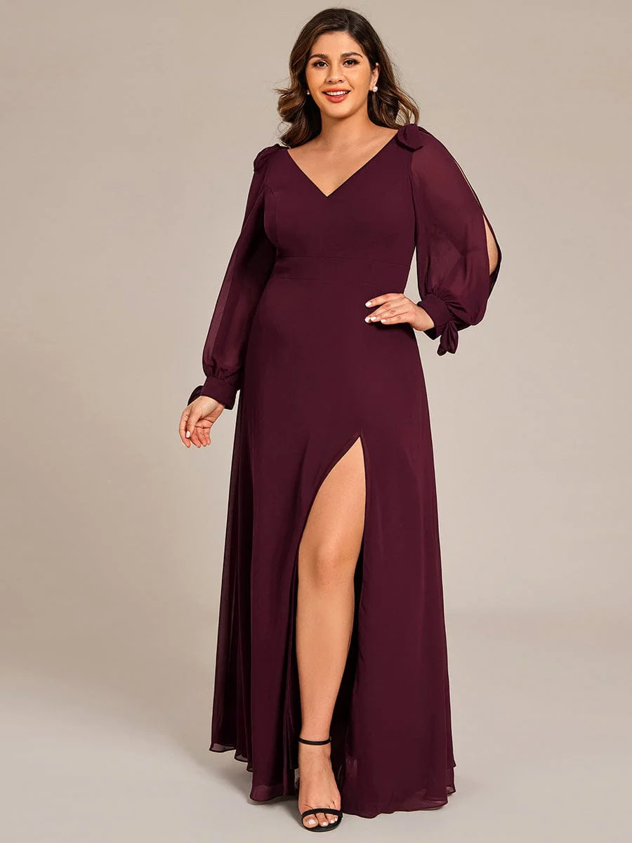 pretty IVORY|Plus Size Split Long Sleeve V-Neck Bridesmaid Dress - Image 41
