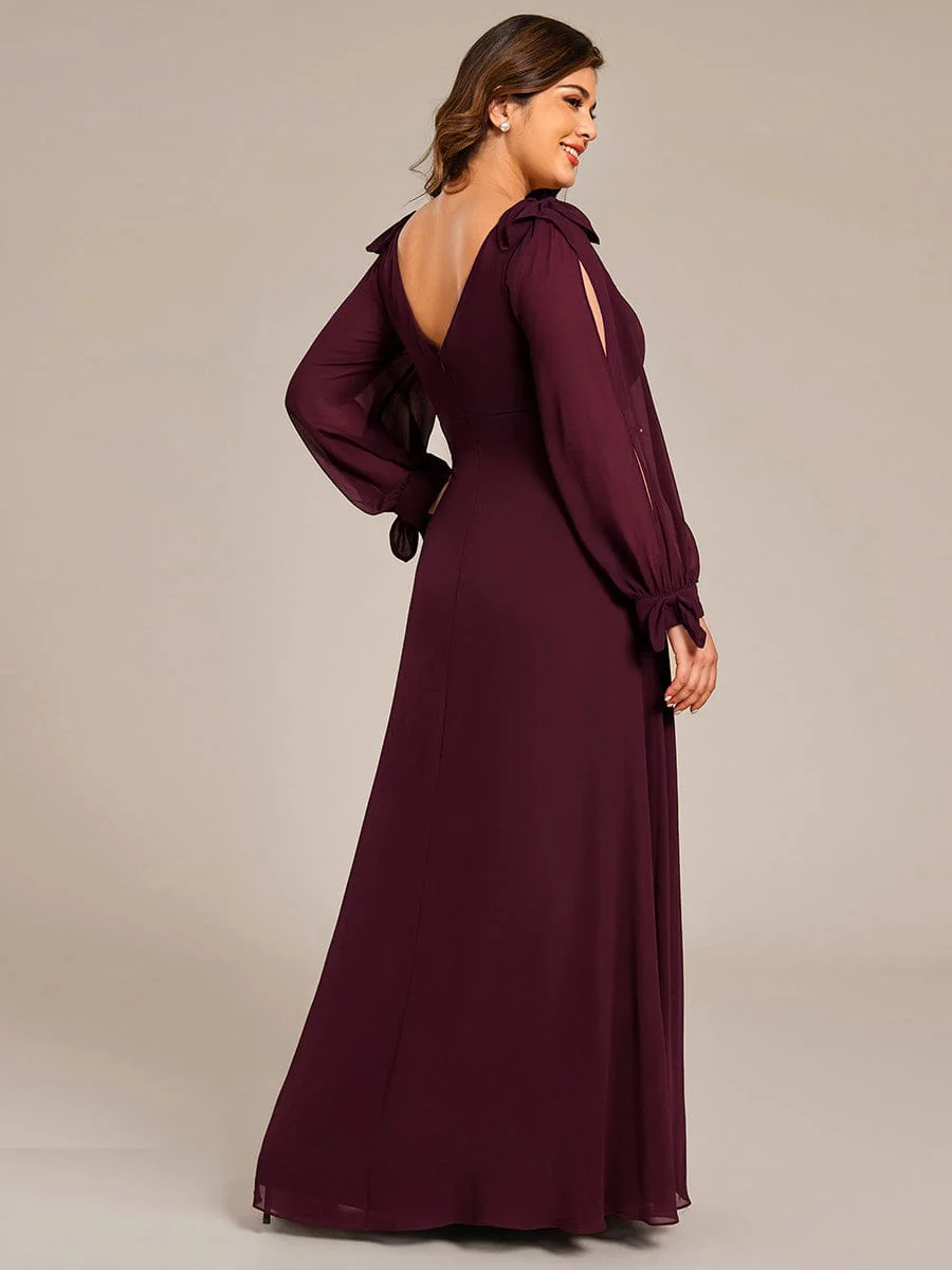 pretty IVORY|Plus Size Split Long Sleeve V-Neck Bridesmaid Dress - Image 42