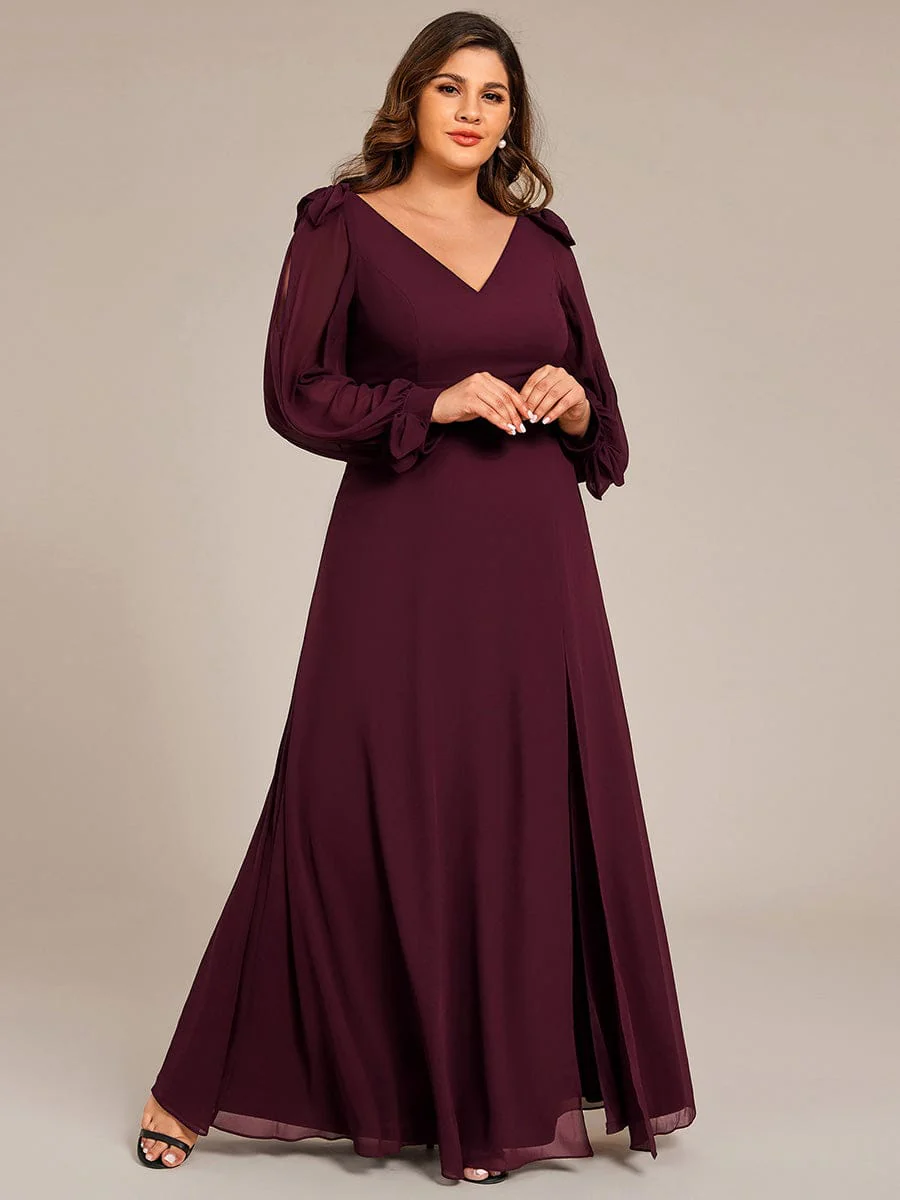 pretty IVORY|Plus Size Split Long Sleeve V-Neck Bridesmaid Dress - Image 44