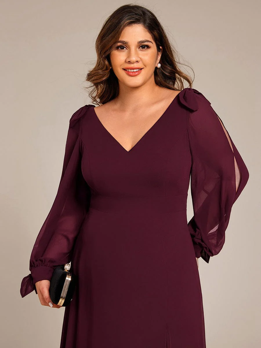 pretty IVORY|Plus Size Split Long Sleeve V-Neck Bridesmaid Dress - Image 45