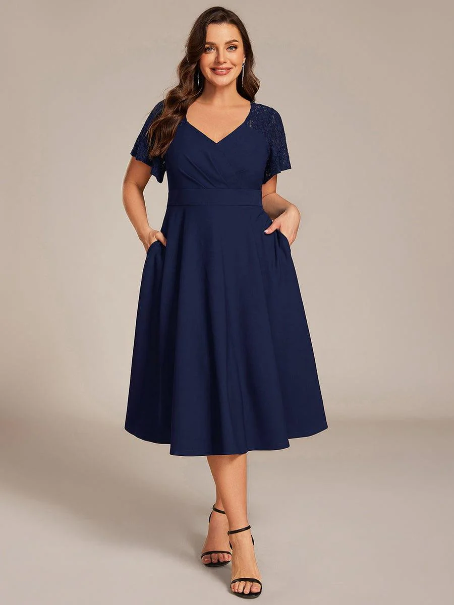 pretty EVIE|Plus Size Hollow Out Midi Wedding Guest Dress With Pockets - Image 15