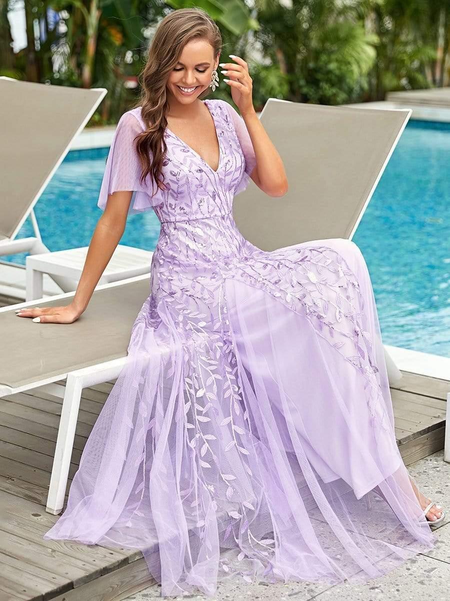 ever ASTRAL|Stunning V Neck Long Wedding Guest Dress with Ruffle Sleeves - Image 100