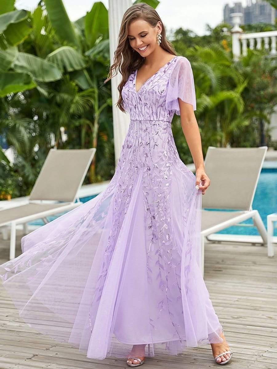 ever ASTRAL|Stunning V Neck Long Wedding Guest Dress with Ruffle Sleeves - Image 101