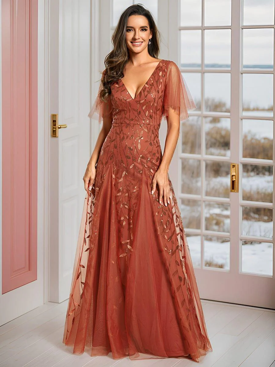 ever ASTRAL|Stunning V Neck Long Wedding Guest Dress with Ruffle Sleeves - Image 114