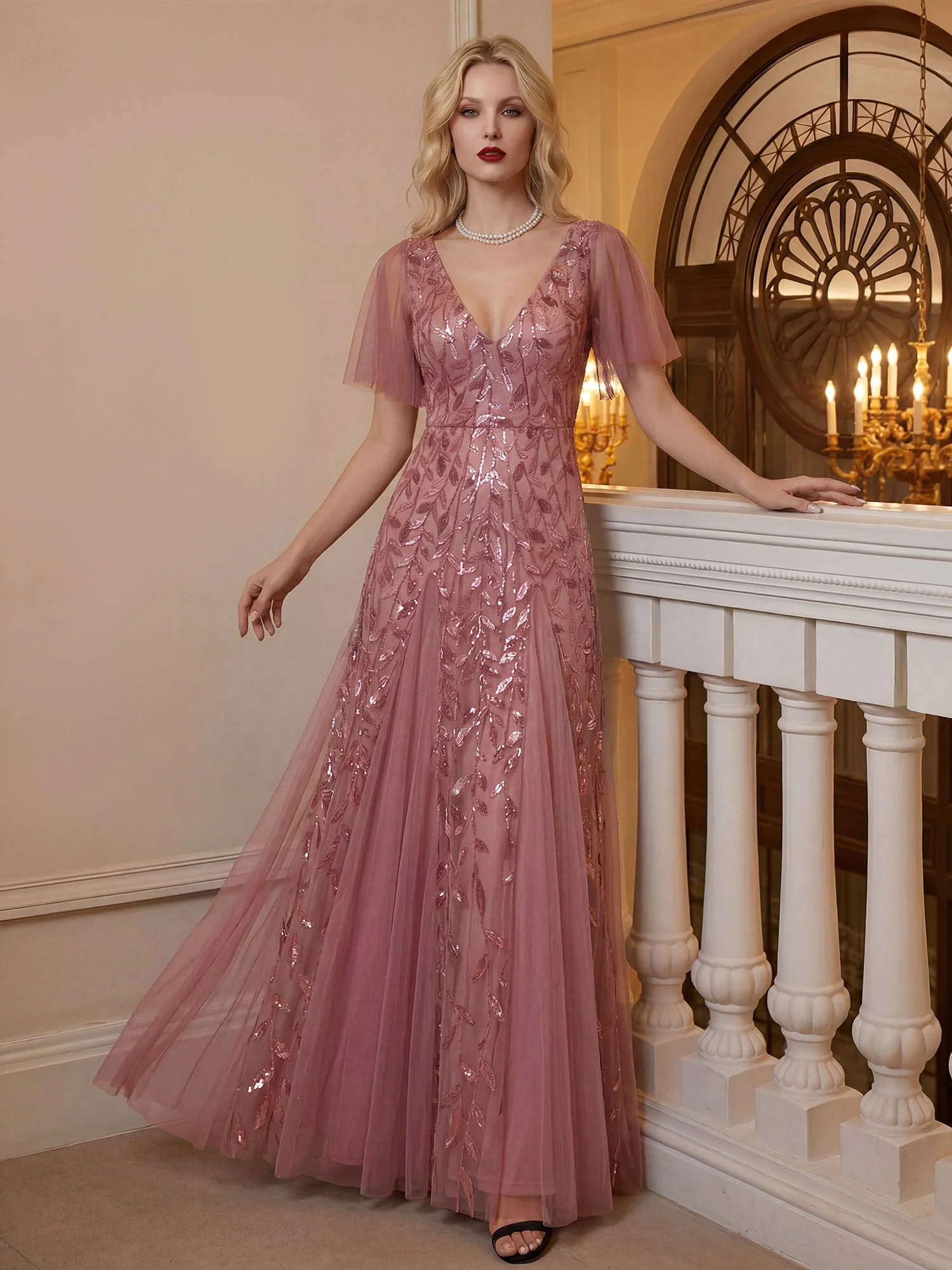 ever ASTRAL|Stunning V Neck Long Wedding Guest Dress with Ruffle Sleeves - Image 88