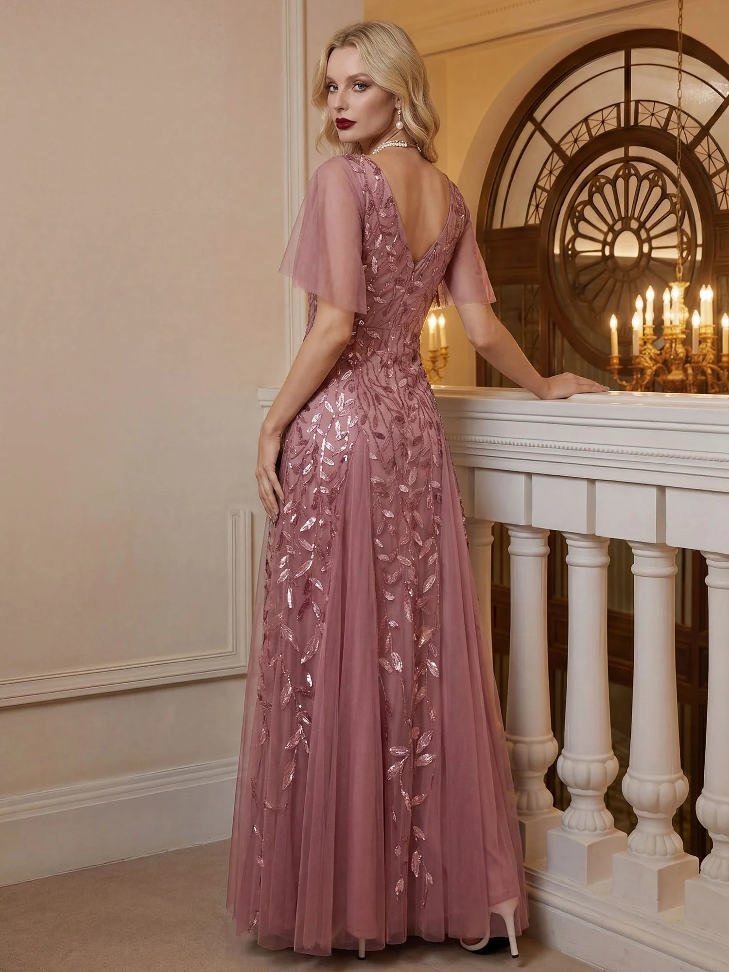 ever ASTRAL|Stunning V Neck Long Wedding Guest Dress with Ruffle Sleeves - Image 89