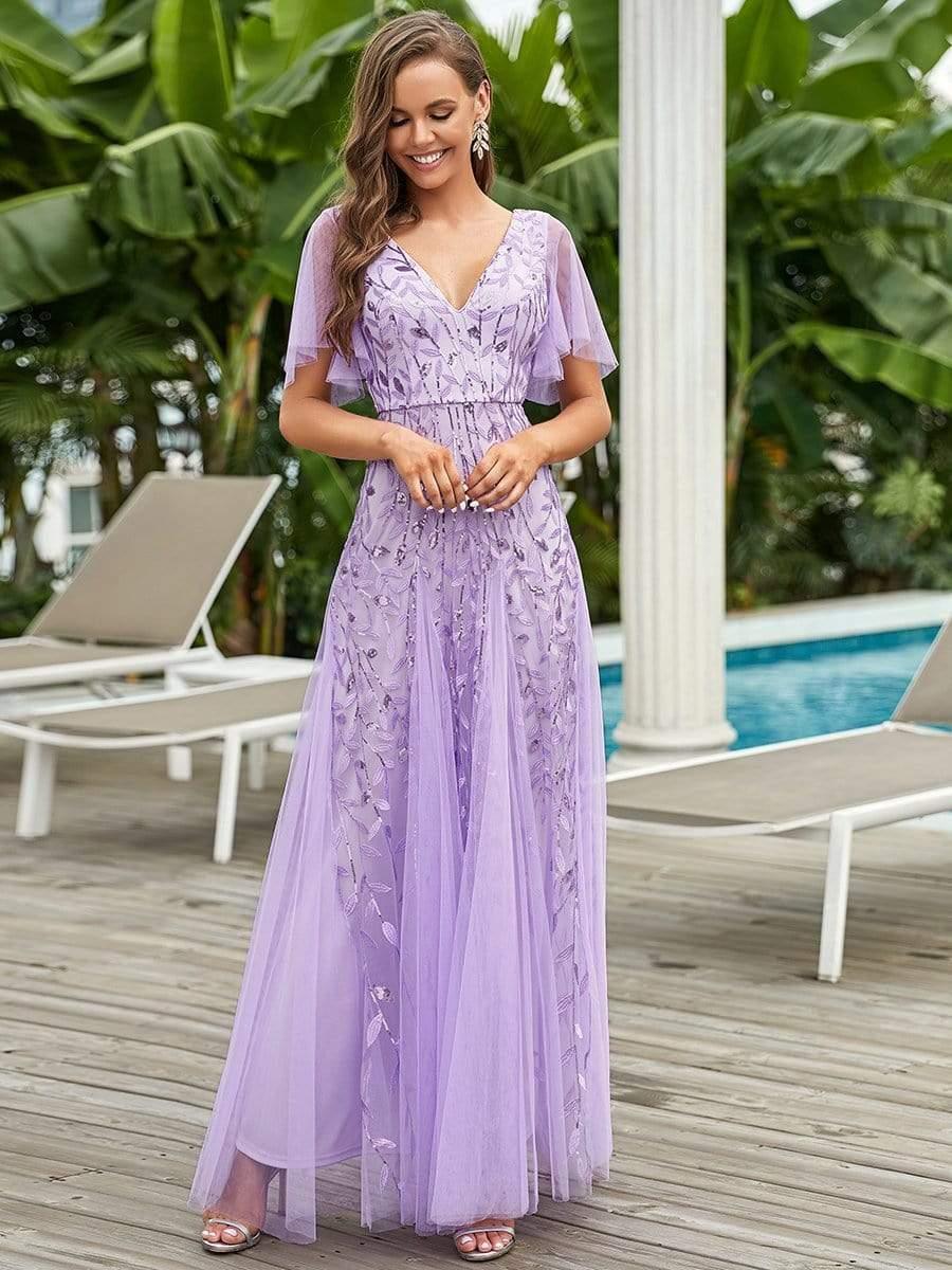 ever ASTRAL|Stunning V Neck Long Wedding Guest Dress with Ruffle Sleeves - Image 97