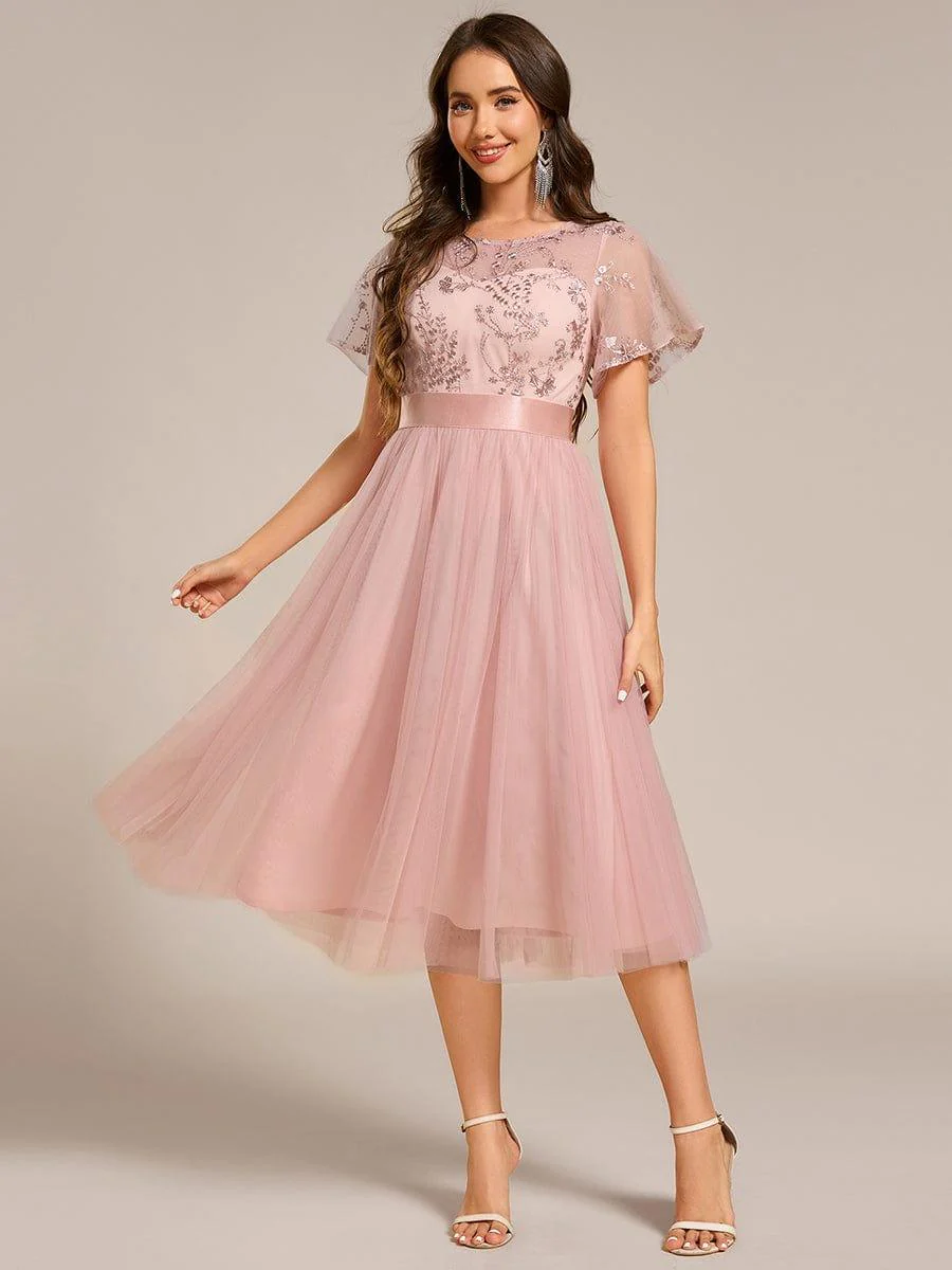 ever MARA|Round Neck Embellished Midi Tulle Wedding Guest Dress - Image 4