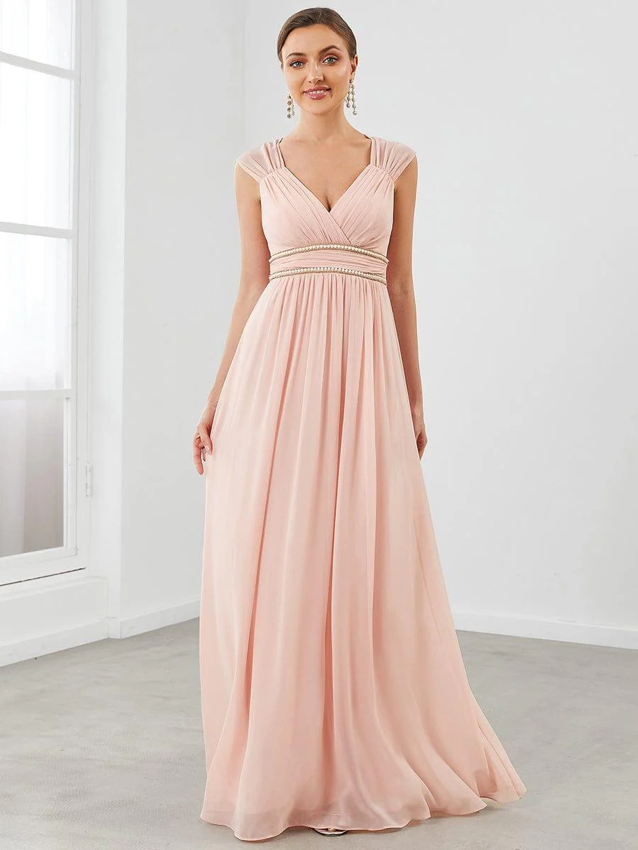 Ruched V-neck Floor Length Elegant Bridesmaid Dress - Image 11