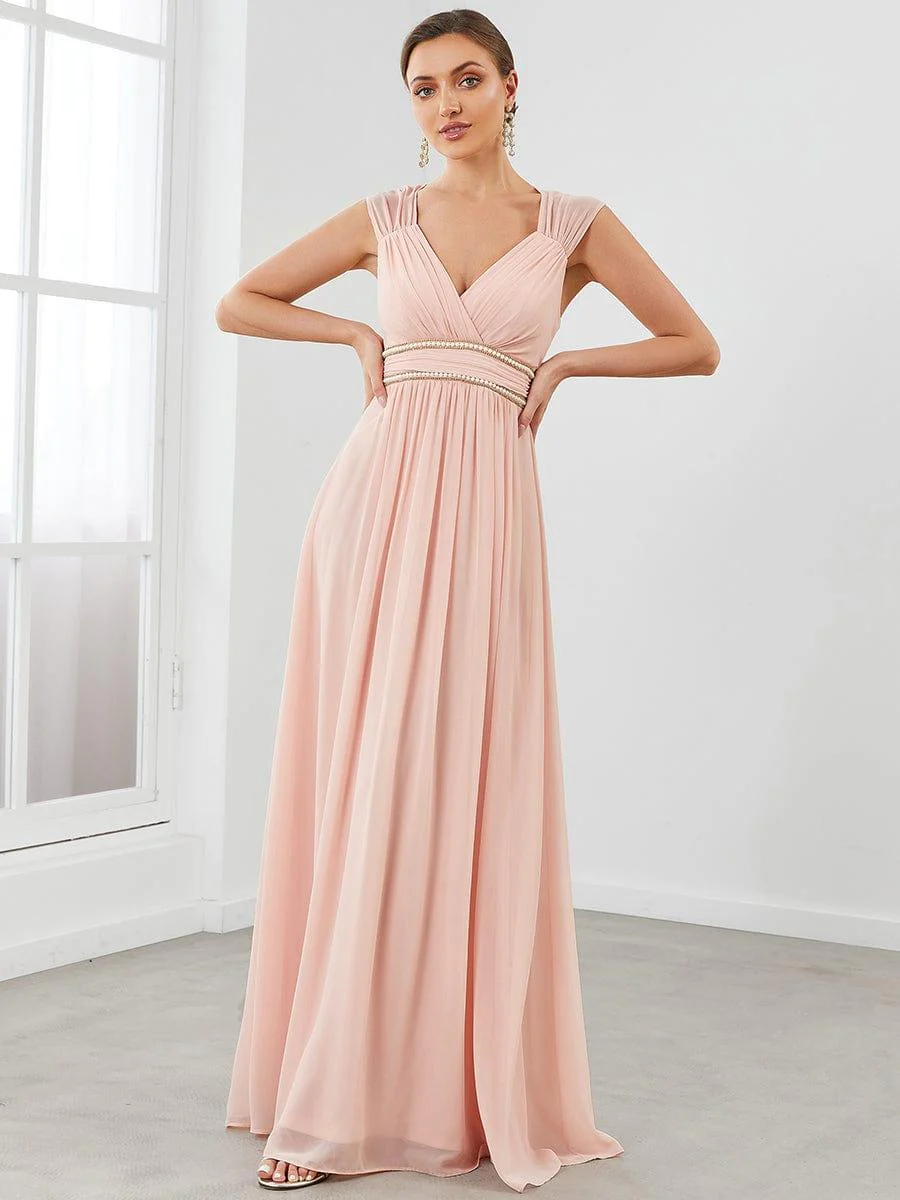 Ruched V-neck Floor Length Elegant Bridesmaid Dress - Image 8