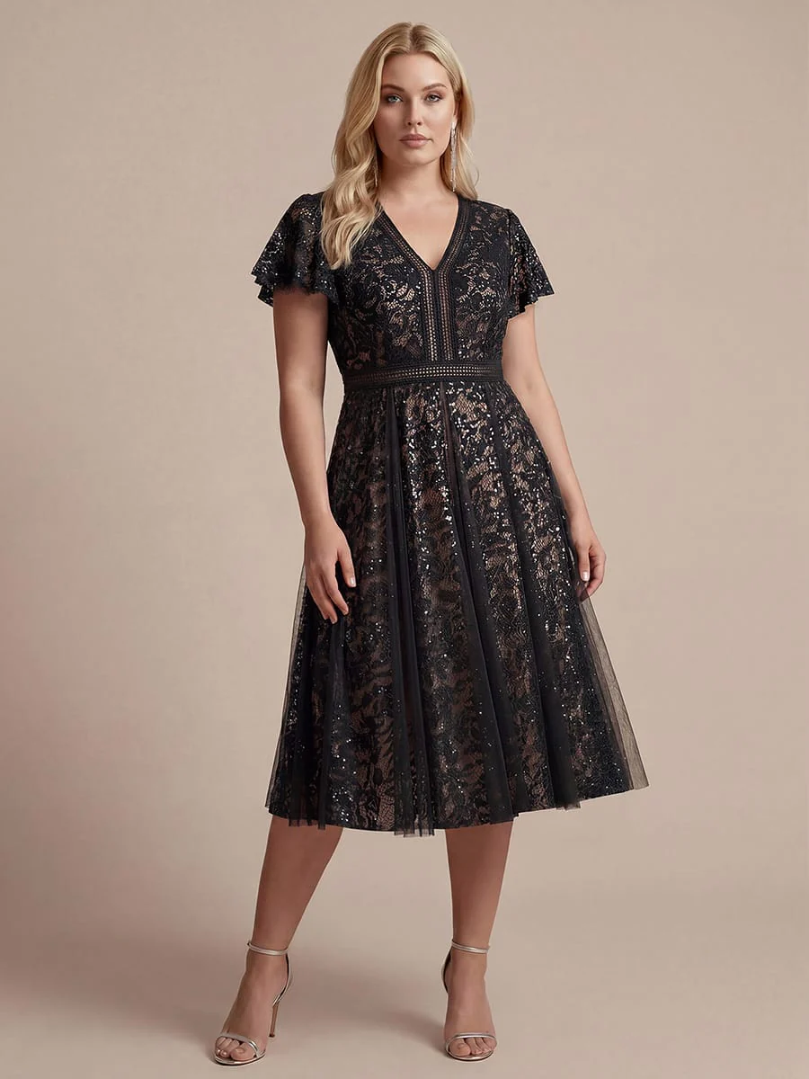 Elegant Lace Ruffle Sleeve Midi Dress Formal Wedding Guest Dress - Image 10