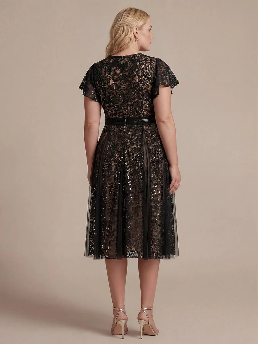 Elegant Lace Ruffle Sleeve Midi Dress Formal Wedding Guest Dress - Image 11
