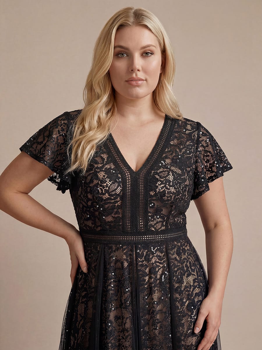 Elegant Lace Ruffle Sleeve Midi Dress Formal Wedding Guest Dress - Image 12
