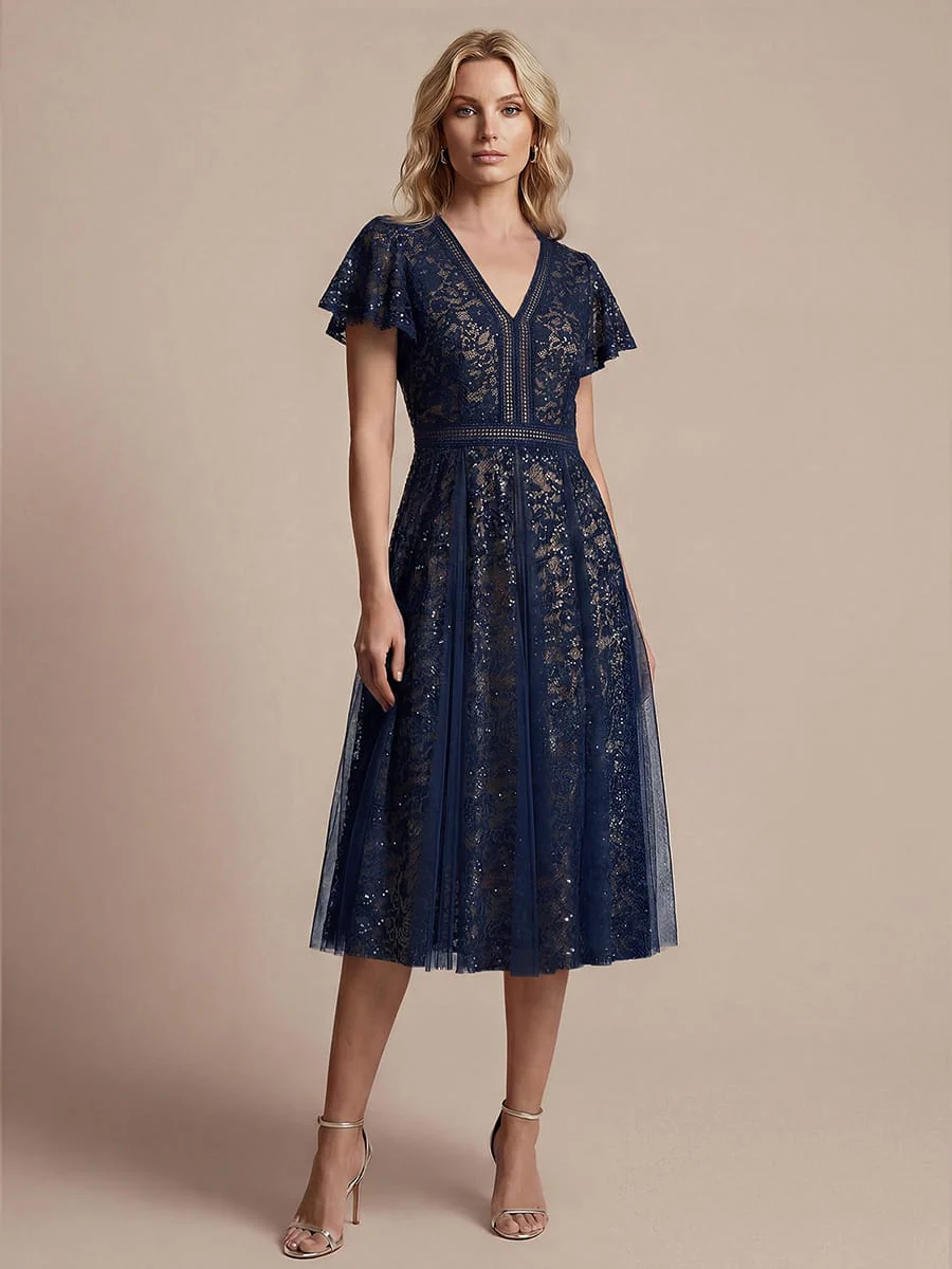 Elegant Lace Ruffle Sleeve Midi Dress Formal Wedding Guest Dress - Image 13