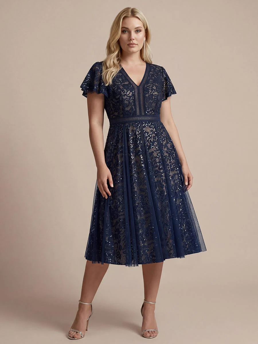 Elegant Lace Ruffle Sleeve Midi Dress Formal Wedding Guest Dress - Image 17
