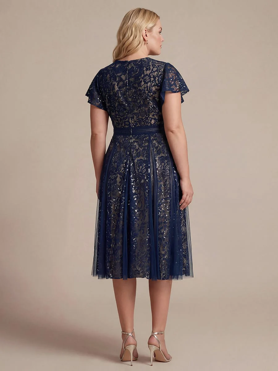 Elegant Lace Ruffle Sleeve Midi Dress Formal Wedding Guest Dress - Image 18