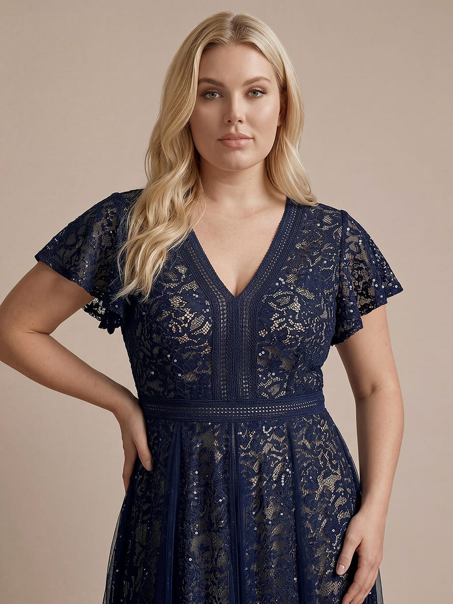 Elegant Lace Ruffle Sleeve Midi Dress Formal Wedding Guest Dress - Image 19
